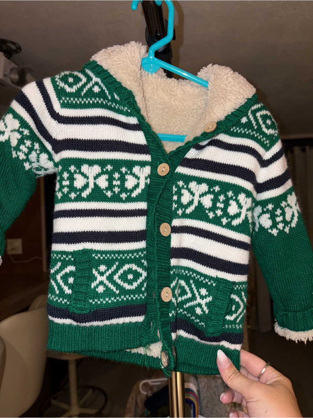 Kids Green Striped Sherpa-Lined Hooded Cardigan Jacket